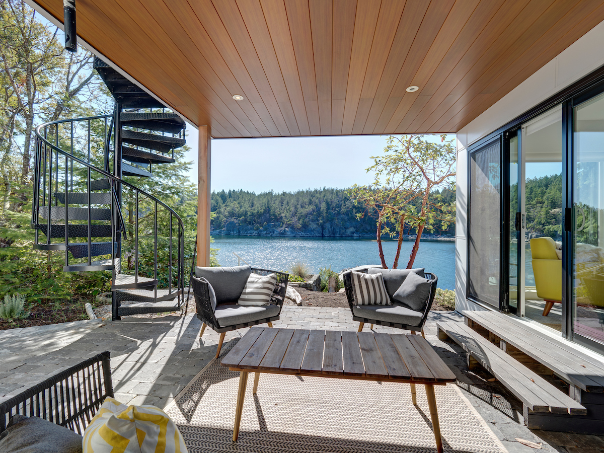 Covered cedar deck overlooking the inlet